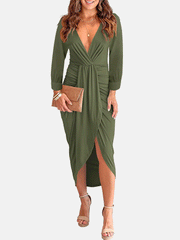 Deep V-neck Ruched Midi Dress