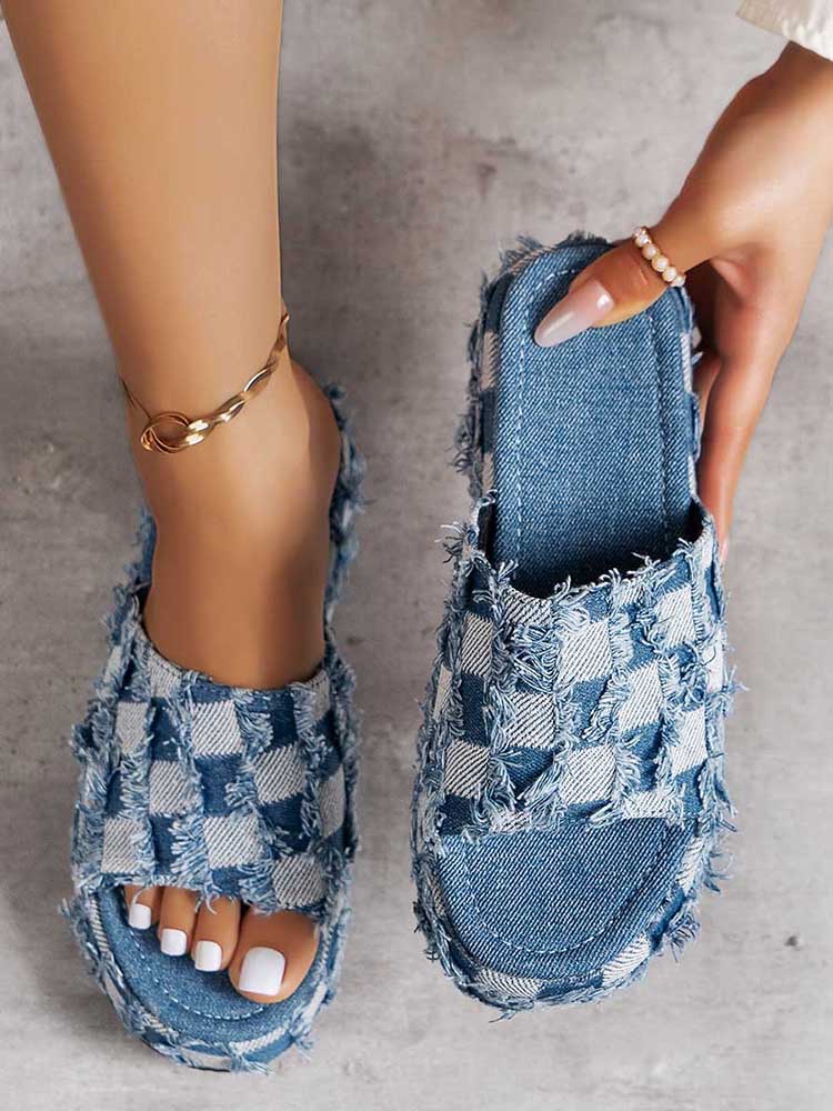 Checkerboard Raw Trim Denim Sandal