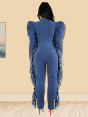 Jeans-Jumpsuit mit Puffärmeln und Quasten