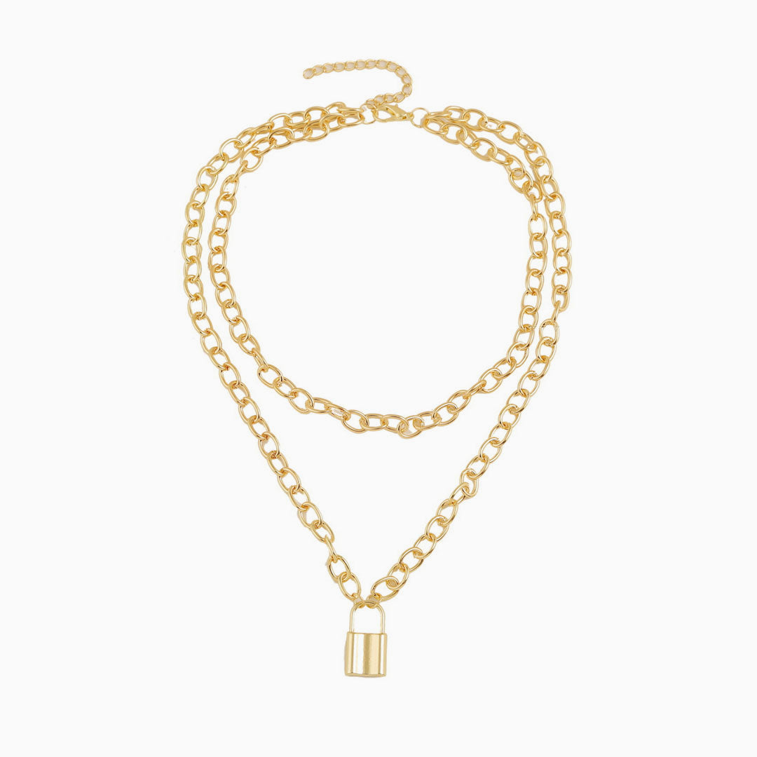 Lock Pendant Chain-Link Layered Necklace - Gold