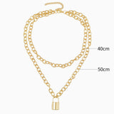 Lock Pendant Chain-Link Layered Necklace - Gold