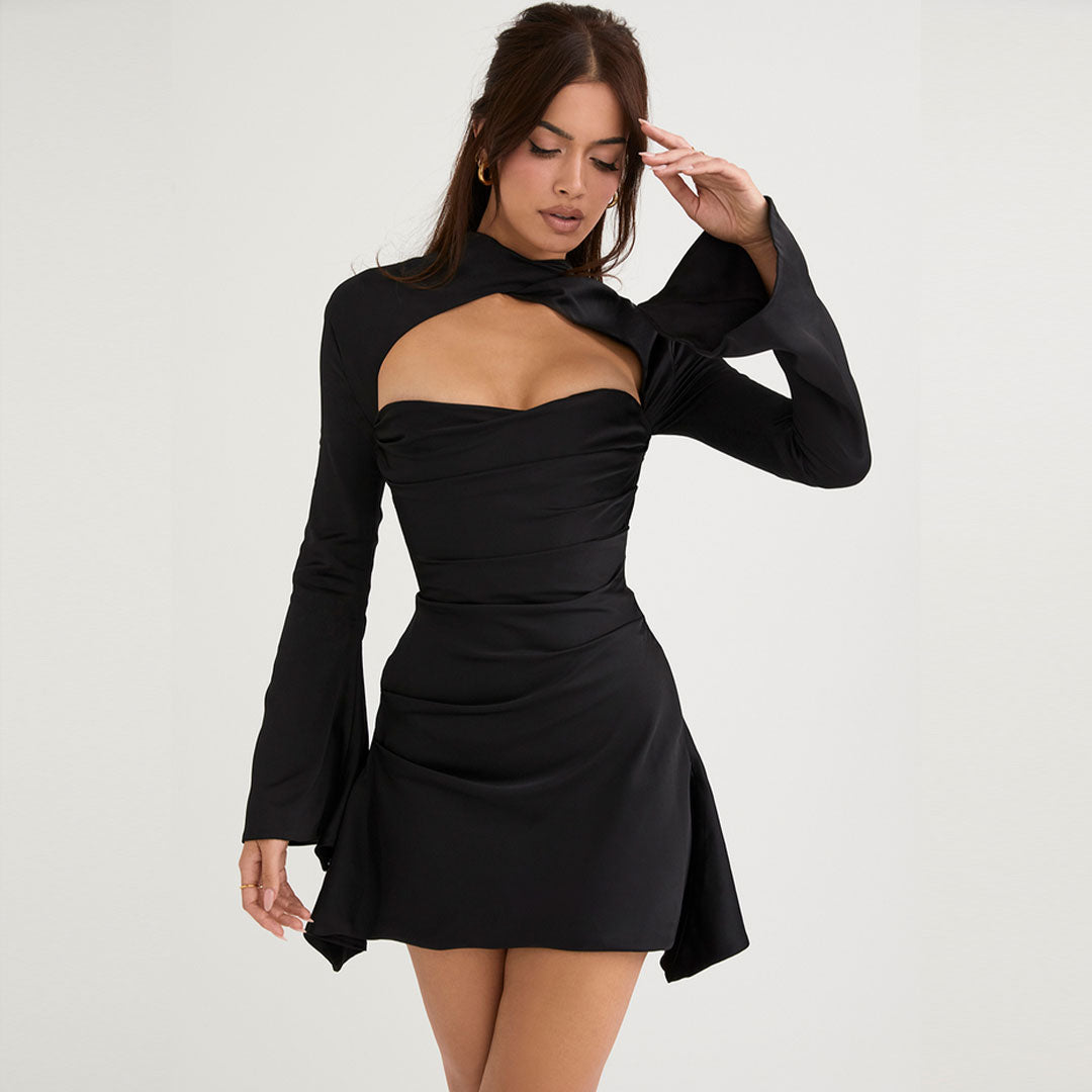 High Neck Cut Out Long Sleeve Draped Satin Mini Dress - Black