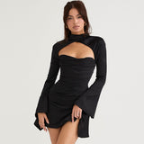 High Neck Cut Out Long Sleeve Draped Satin Mini Dress - Black