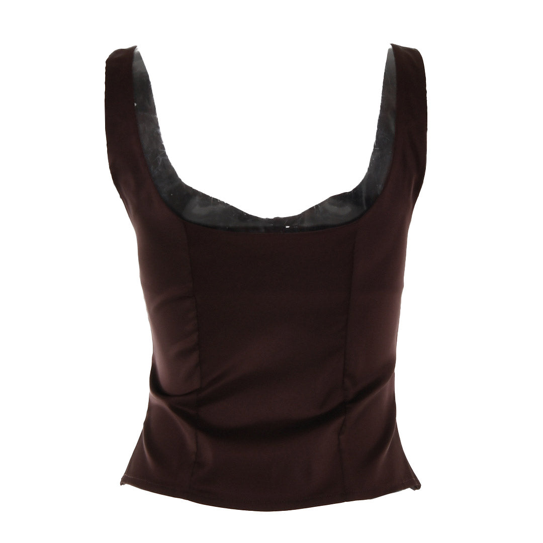 Square Neck Button Up Sleeveless Tank Top - Brown