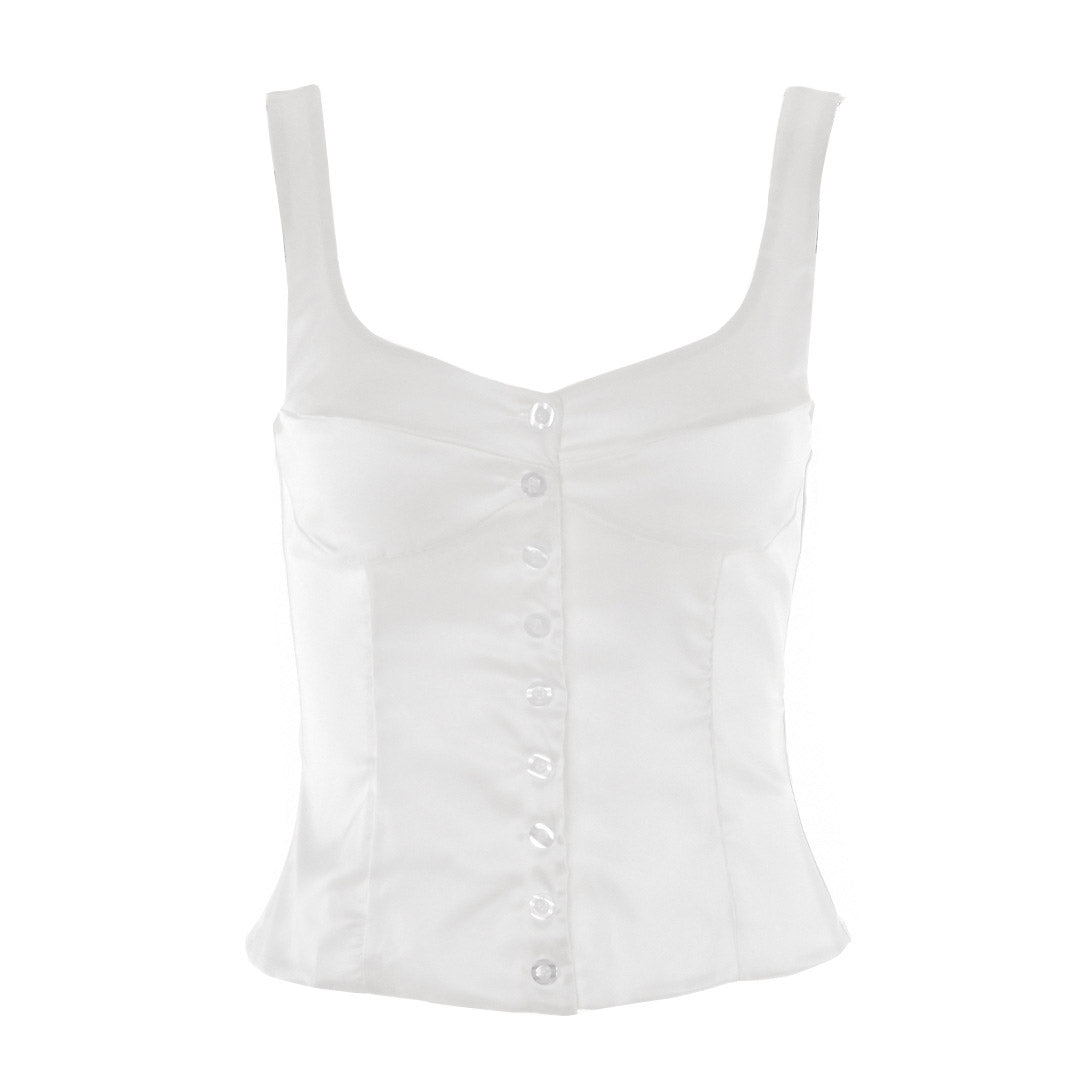 Square Neck Button Up Sleeveless Tank Top - White