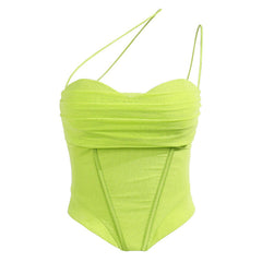 Netzstoff-Falten-Wasserfall-Ausschnitt-Ein-Schulter-Bustier-Korsett-Kurzes Tanktop - Grasgrün