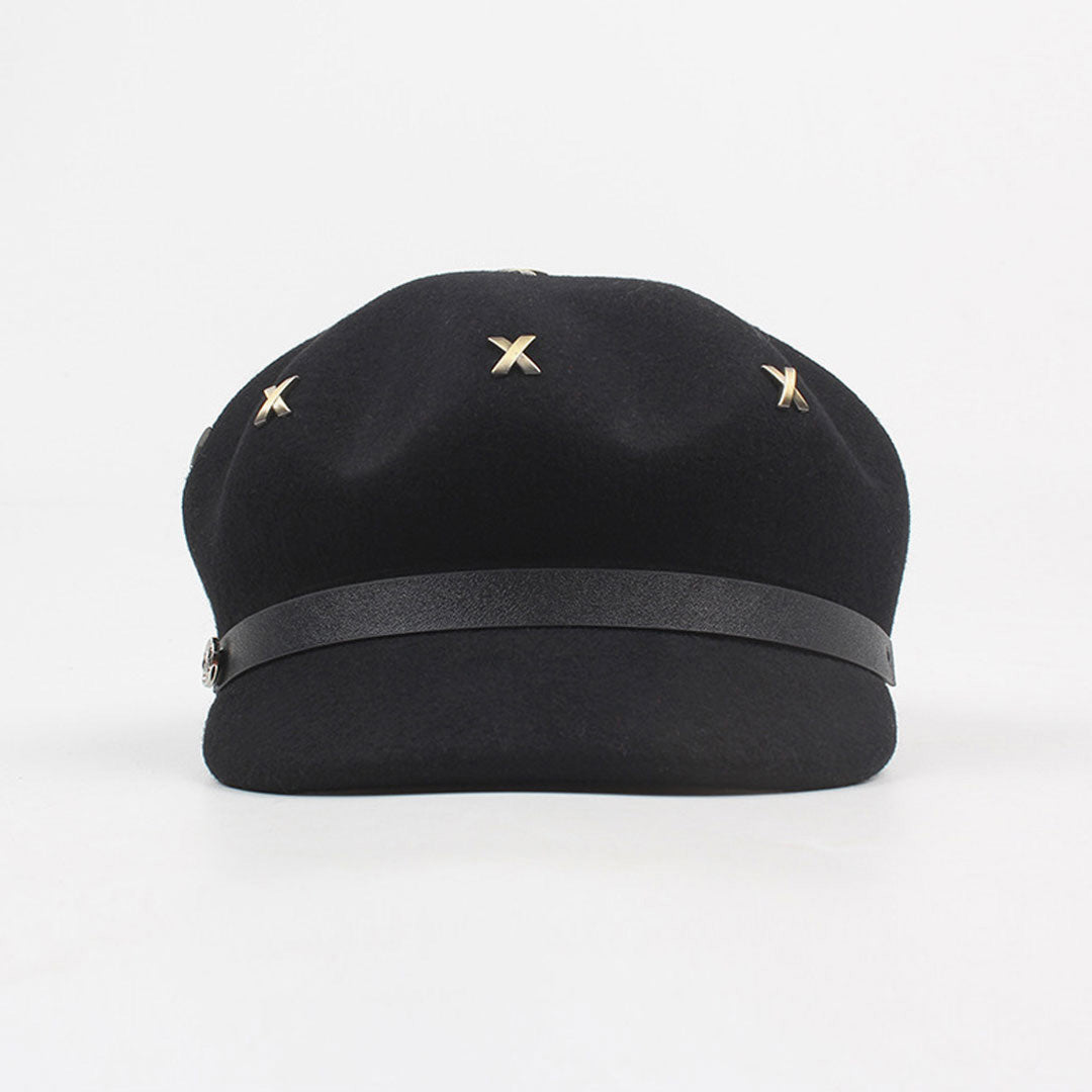 Metal Cross Stud Embellishment Newsboy Hat - Black