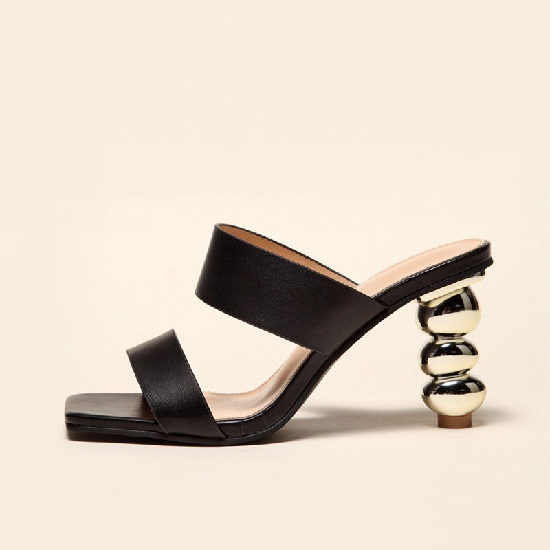 Geometric High Heel Square Toe Mule Sandals - Black