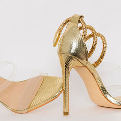 Snake Ankle Wrap Open Toe PVC Strap Stiletto Sandals - Gold