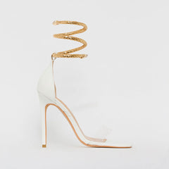 Snake Ankle Wrap Open Toe PVC Strap Stiletto Sandals - White