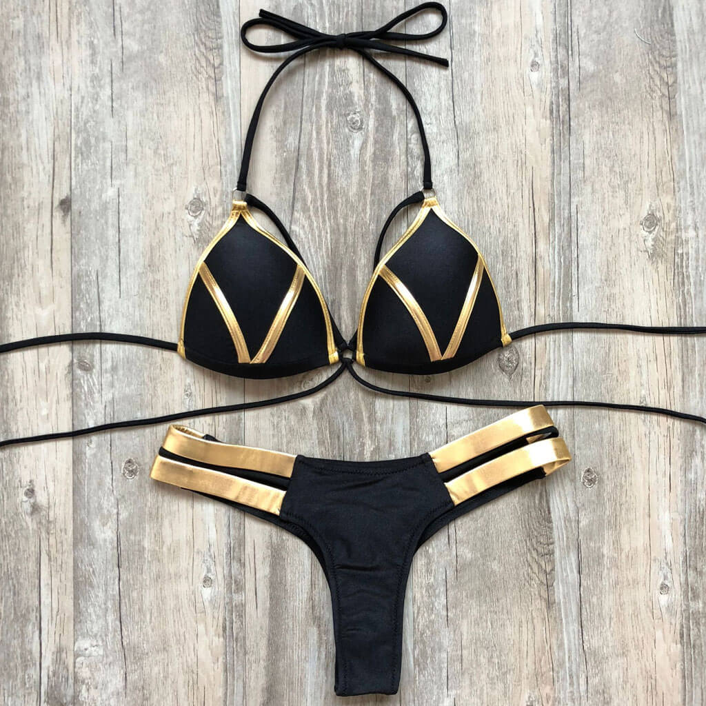 Brasilianisches Push-Up-Bikini-Set mit Tanga und Triangel - Schwarz