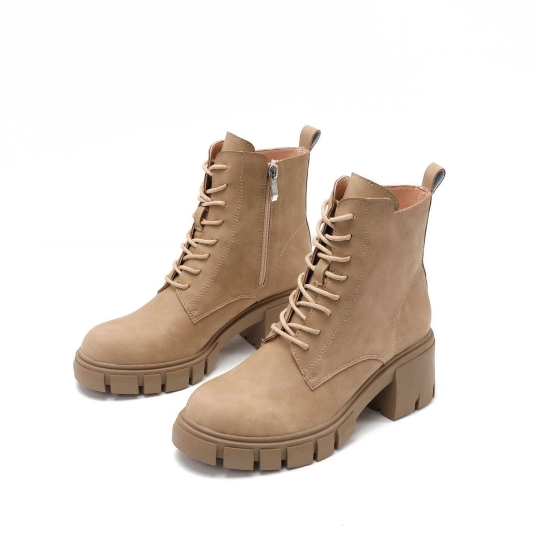 Military Round Toe Block Heel Lug Sole Lace Up Combat Boots - Apricot