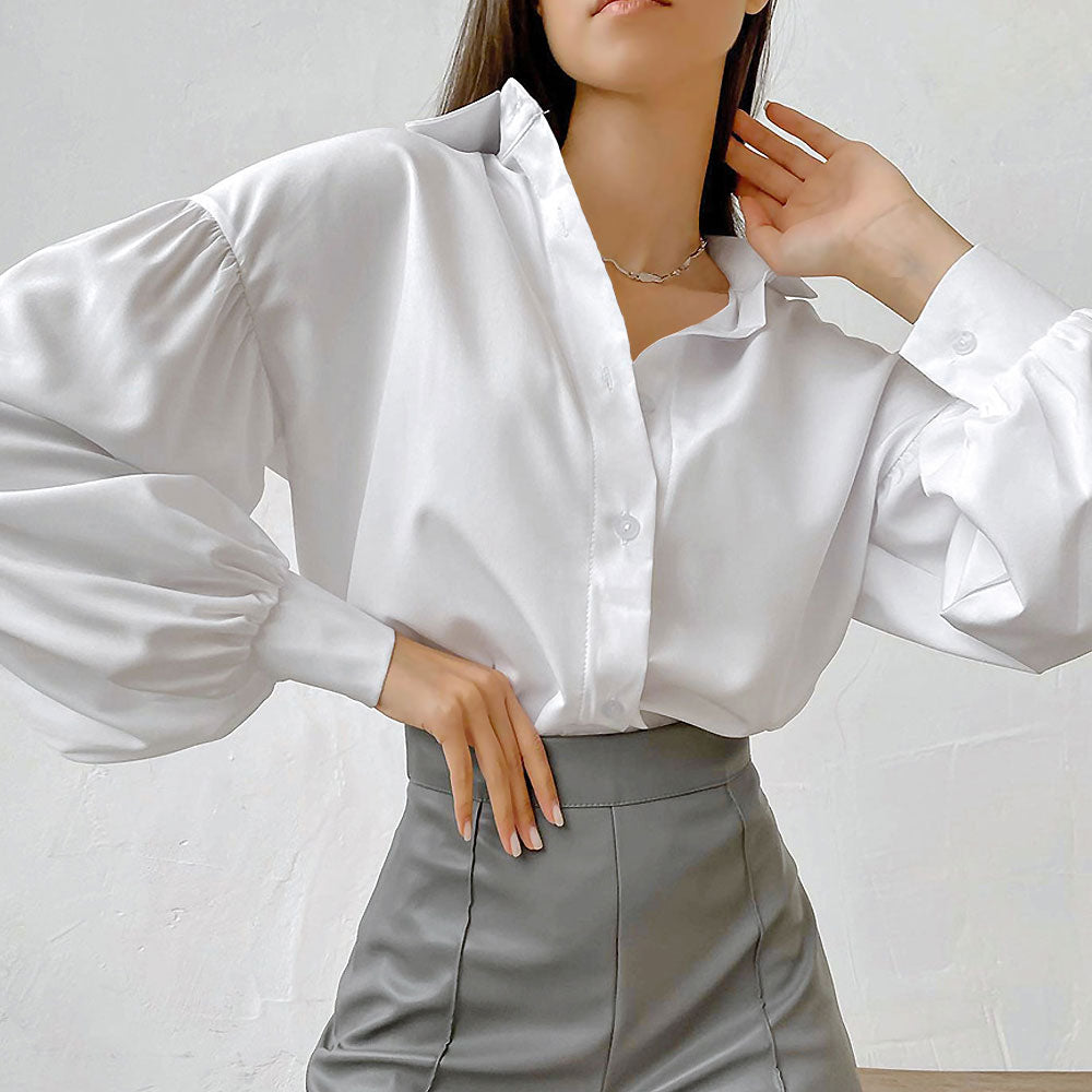 Button Down Ruched Bishop Sleeve Pointed Collar Shirt - White