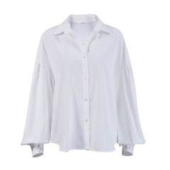 Button Down Ruched Bishop Sleeve Pointed Collar Shirt - White