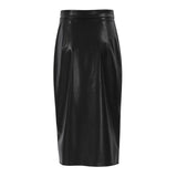 High Waist Split Trim Vegan Leather Midi Skirt - Khaki