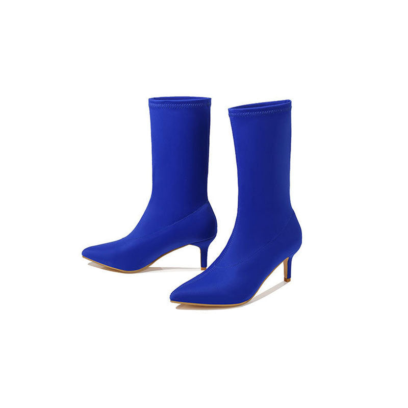 Pointed Toe High Heel Sock Ankle Boots - Navy Blue