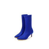 Pointed Toe High Heel Sock Ankle Boots - Navy Blue