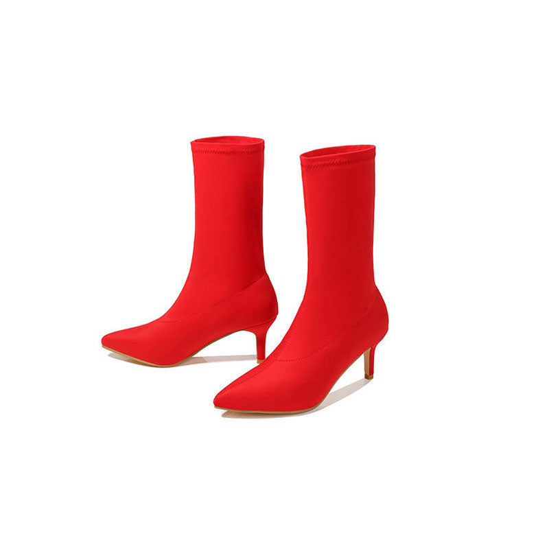 Pointed Toe High Heel Sock Ankle Boots - Red