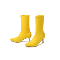 Pointed Toe High Heel Sock Ankle Boots - Yellow