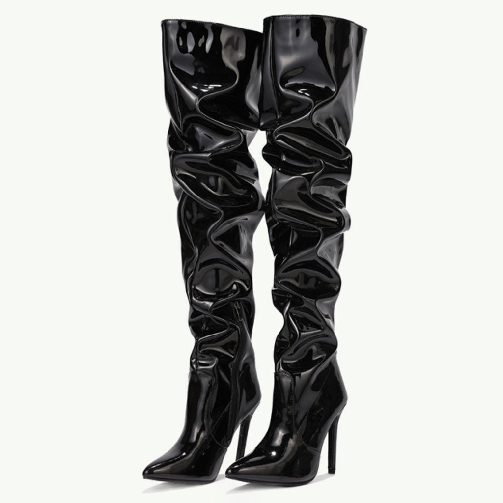 Pointed Toe Stiletto Heel Leather Thigh High Boots - Black