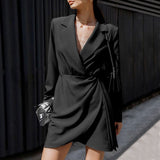 Ruched Shoulder Pad Lapel Collar V Neck Blazer Mini Dress - Black