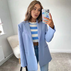 Long Sleeve Pure Color Lapel Collar Blazer - Baby Blue