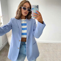 Long Sleeve Pure Color Lapel Collar Blazer - Baby Blue