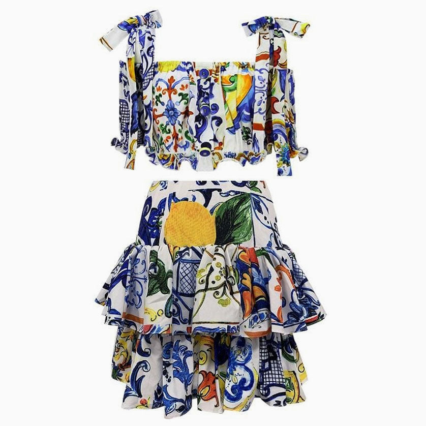 Multicolored Floral Printed Crop Top and Tiered Ruffle Skirt Matching Set