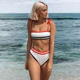 Nautical Style Edge Striped Textured Bralette Bikini Set - White