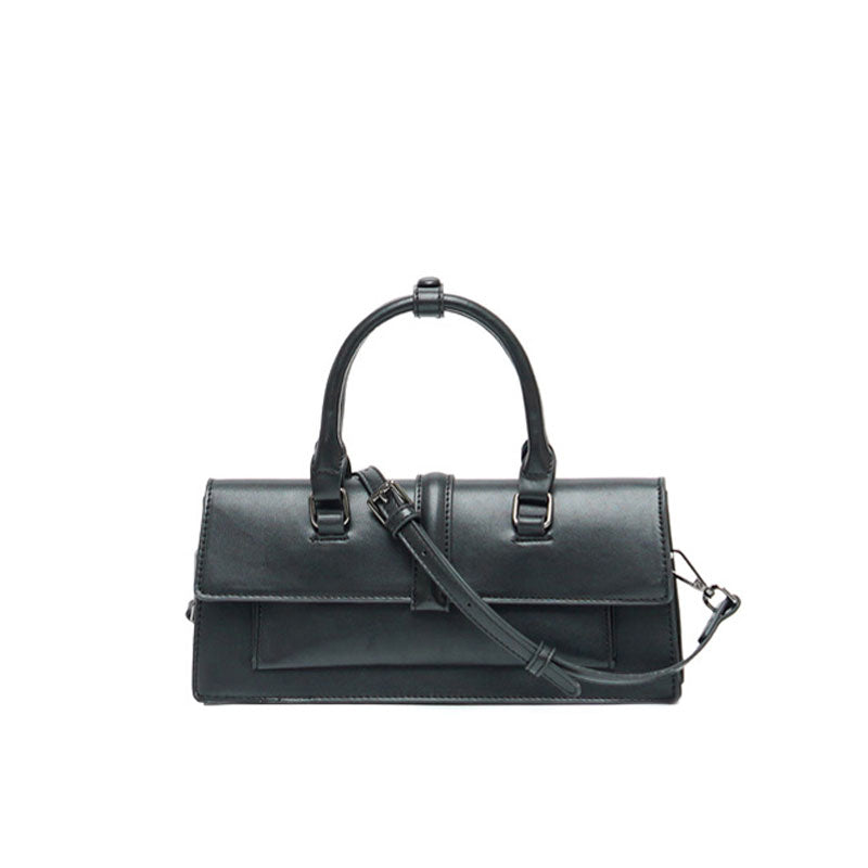 Office Style Top Handle Crossbody Baguette Bag - Black
