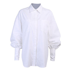 Button Up Bishop Sleeve Patch Pocket Collared Shirt - White