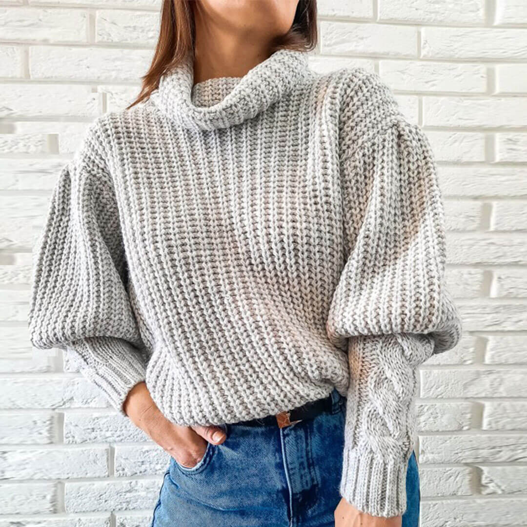 Cable Knit Trim Bishop Sleeve Turtleneck Sweater - Gray