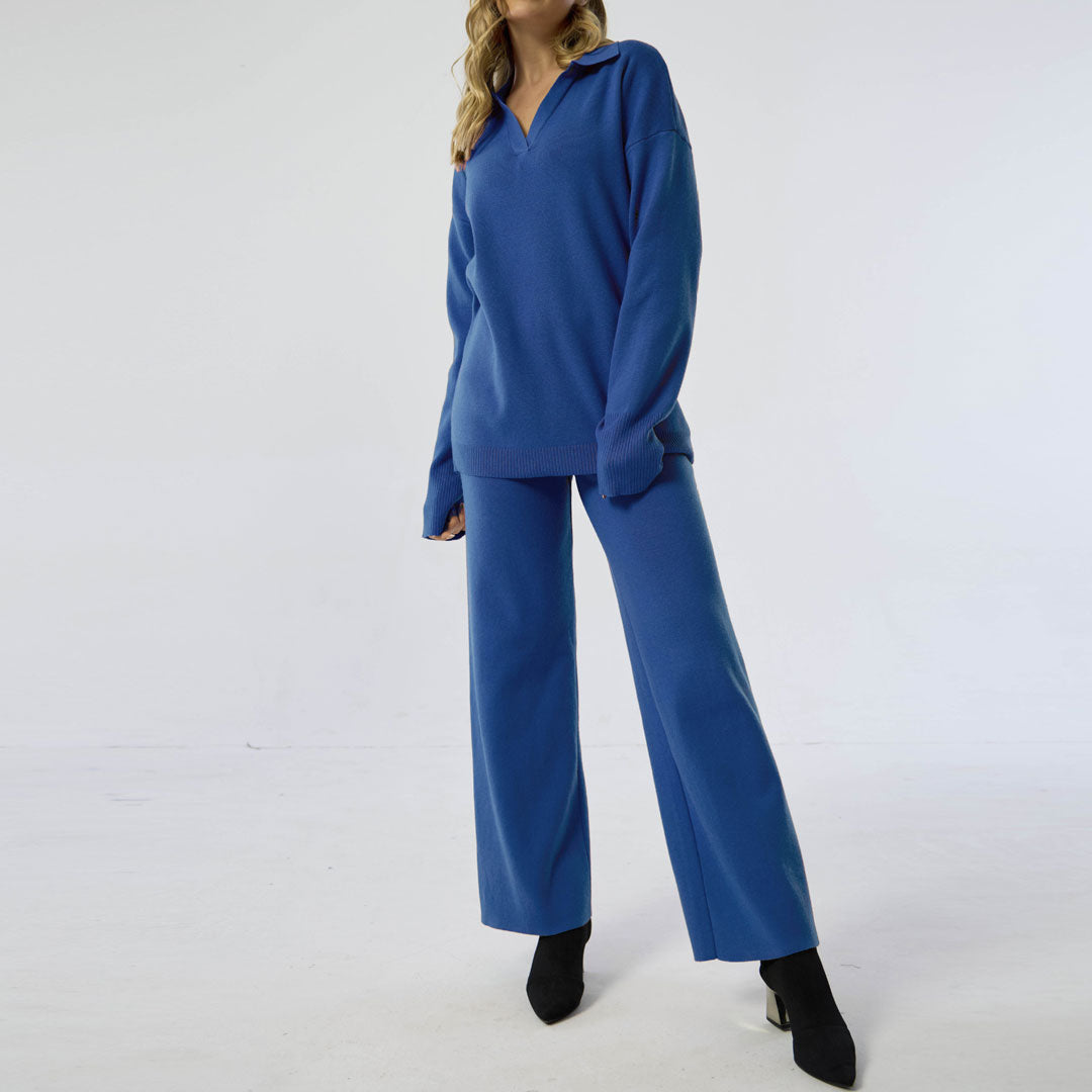 Collared Long Sleeve Sweater Wide Leg Pants Matching Set - Royal Blue