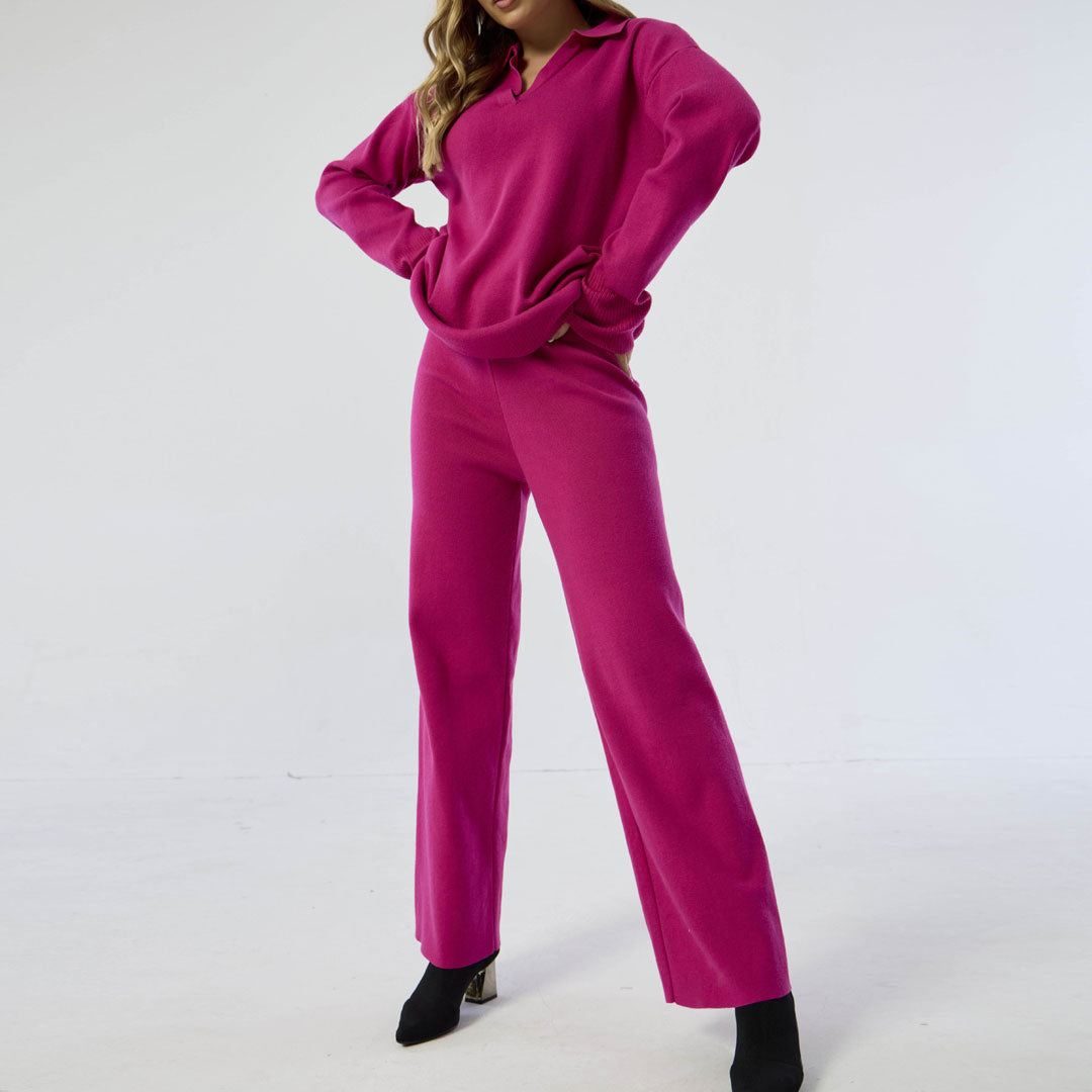 Collared Long Sleeve Sweater Wide Leg Pants Matching Set - Hot Pink