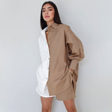 Color Block Button Down Pocketed Shorts Matching Set - Khaki