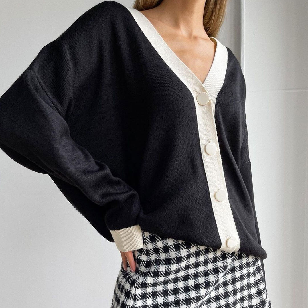 Color Button Up Long Sleeve Cardigan - Black