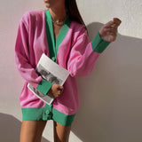 Color Button Up Long Sleeve Cardigan - Pink