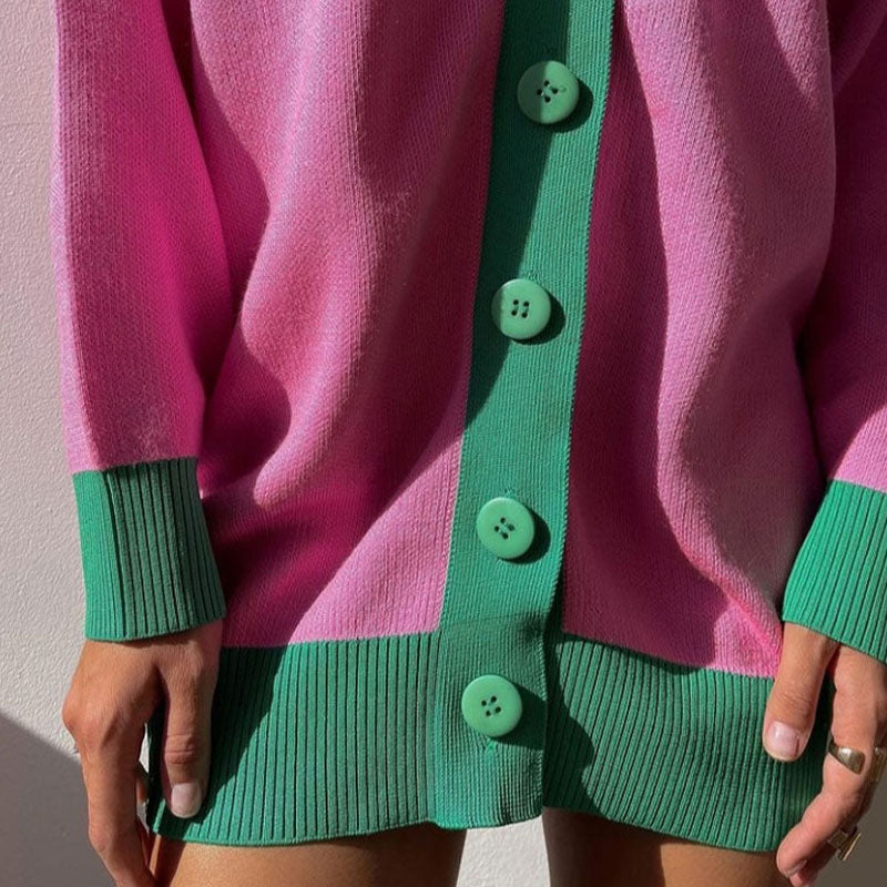 Color Button Up Long Sleeve Cardigan - Pink