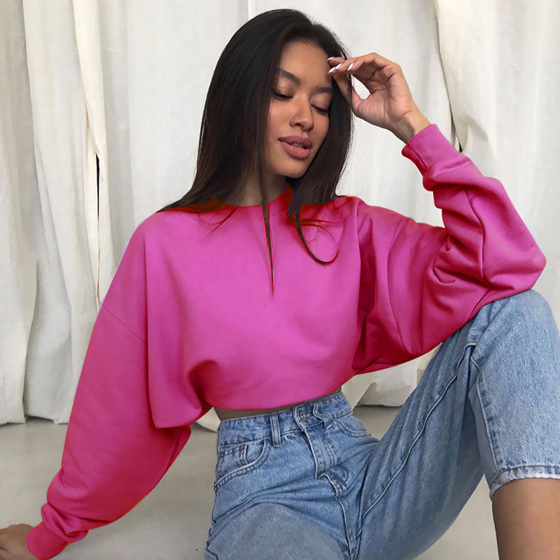 Drop Shoulder Long Sleeve Mock Neck Cropped Sweatshirt - Hot Pink