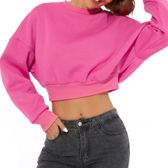 Drop Shoulder Long Sleeve Mock Neck Cropped Sweatshirt - Hot Pink