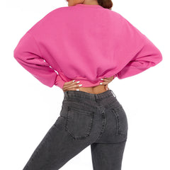 Drop Shoulder Long Sleeve Mock Neck Cropped Sweatshirt - Hot Pink