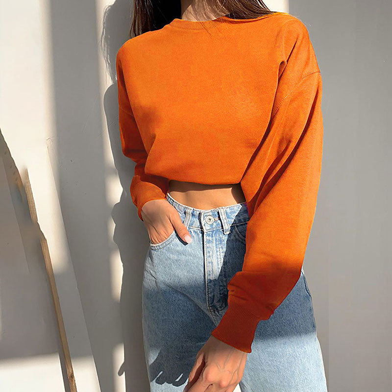 Drop Shoulder Long Sleeve Mock Neck Cropped Sweatshirt - Orange