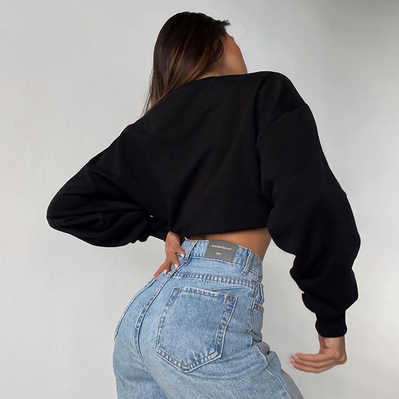 Drop Shoulder Long Sleeve Mock Neck Cropped Sweatshirt - Black