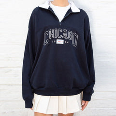 Embroidered Trim Drop Shoulder Half Zip Collared Sweatshirt - Navy Blue