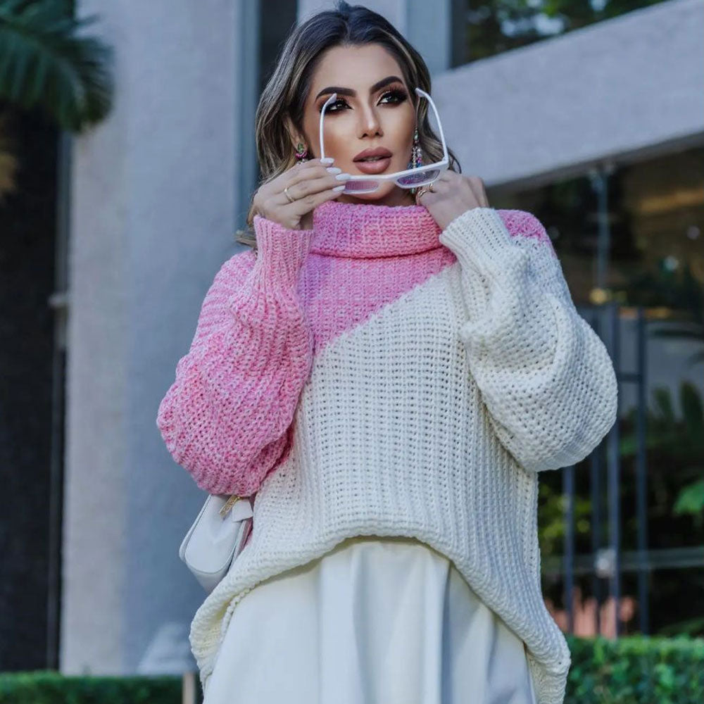 Knitted Color Block Turtleneck Drop Shoulder Long Sleeve Sweater - Pink