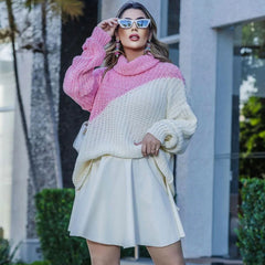 Knitted Color Block Turtleneck Drop Shoulder Long Sleeve Sweater - Pink