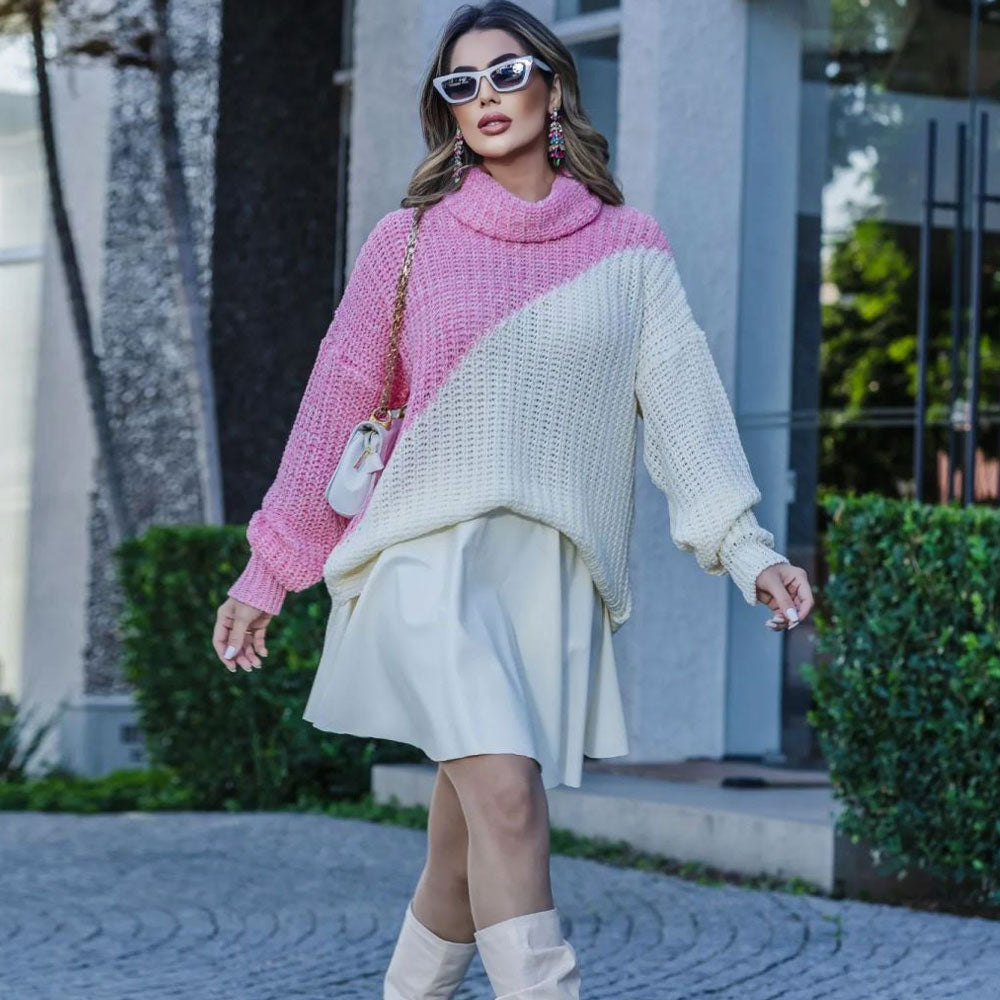 Knitted Color Block Turtleneck Drop Shoulder Long Sleeve Sweater - Pink