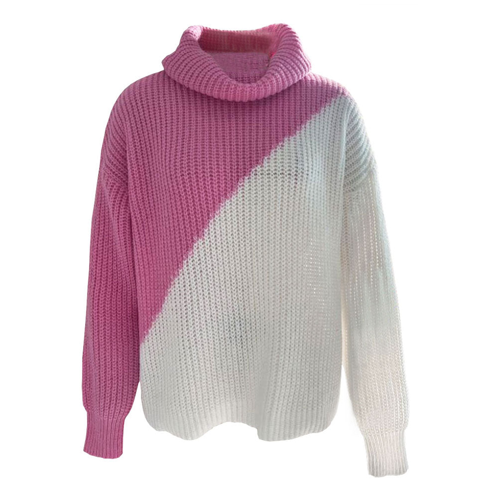 Knitted Color Block Turtleneck Drop Shoulder Long Sleeve Sweater - Pink