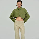 Long Sleeve Button Down Pointed Collar Cropped Shirt - Green