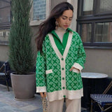 Print V Neck Button Up Long Sleeve Ribbed Cardigan - Green
